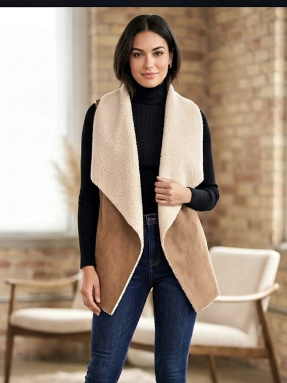 Lauren Ralph Lauren Faux Shearling Vest in Brown & Cream Like New